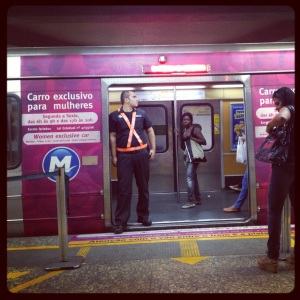 One of the guards designated with the job of keeping men out of the women-exclusive subway care.